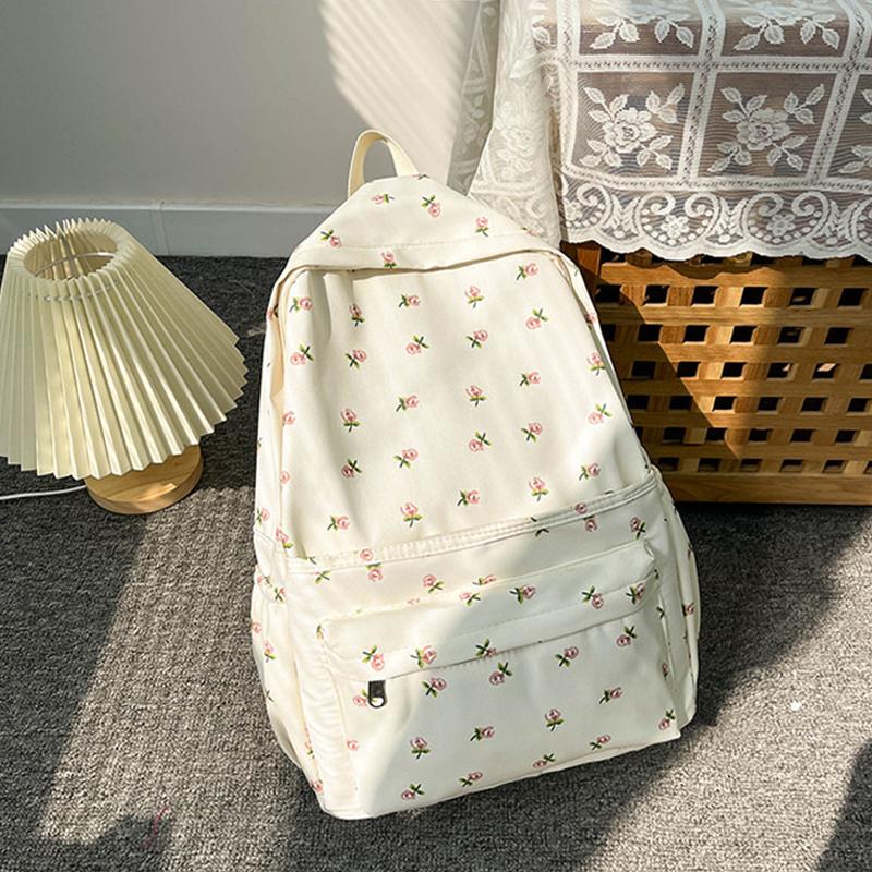 Korean School Backpack for Teenage Girls White Floral Bags for Women Cute Nylon Backpack
