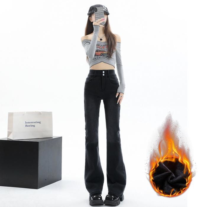 Fleece Slightly Pulled Jeans, Thickened Fleece Double-buckle Elastic High-waisted Belly and Thin Denim Flared Pants
