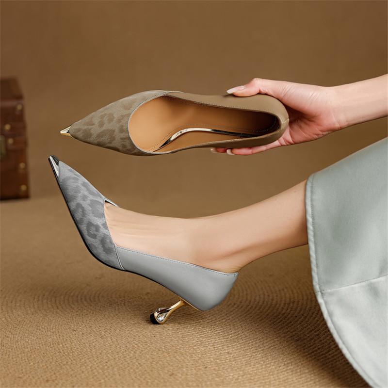 Fashion New Spring/summer Leopard Print Sheepskin High Heels Shallow Shoes for Women Fashion Metal Pointed Toe Women Pumps Shoes Women