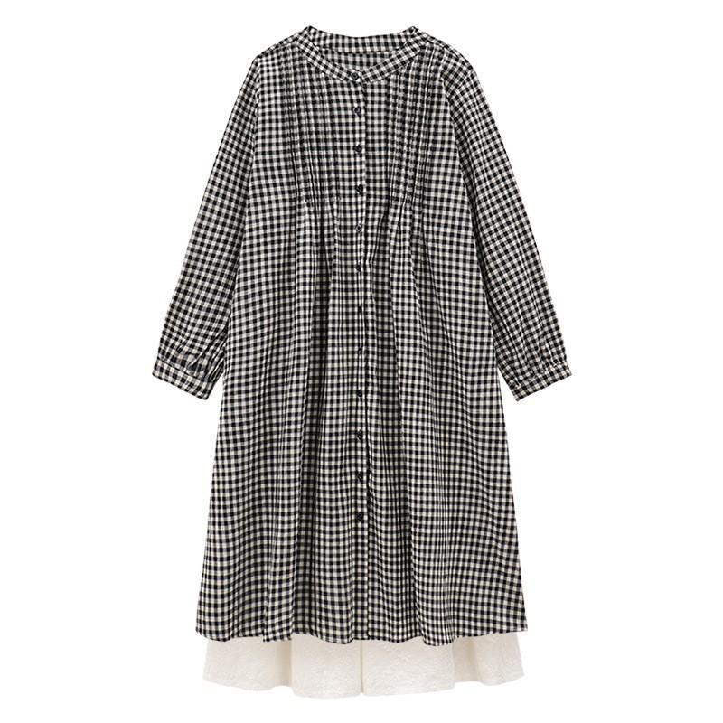 Contrasting color plaid round neck long-sleeved dress women's autumn Japanese retro lazy wind stacked shirt skirt long skirt