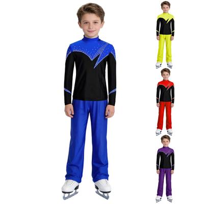 Tenue de Patinage Artistique Fille Garçon Col Montant Manches Longues Fermeture Éclair Invisible au Dos Bloc de Couleurs Strass Brillants Haut avec Ceinture Élastique Pantalon Compétition