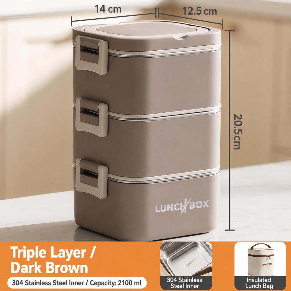 Portable Stackable Lunch Box With 304 Stainless Steel Inner Containers, Side Buckles And Carry Handle For School Office Travel Meals