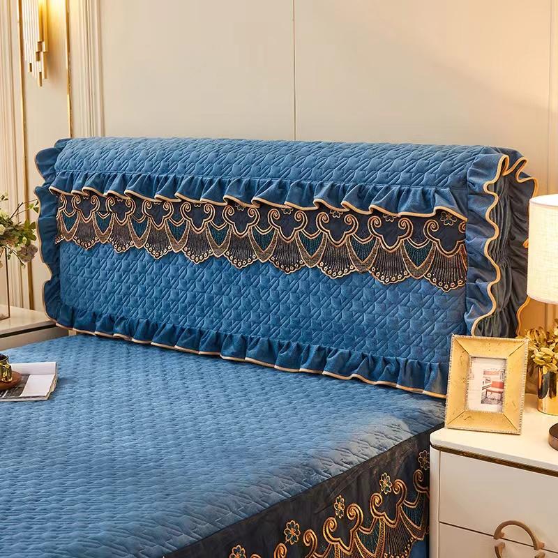 Luxury Fine Flannel Quilted Bed Head Cover Lace Edge Short Plush All-inclusive Headboard Cover Elegant Protective Cover
