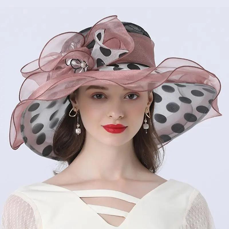 WTEMPO American Retro Wave Point Large Brimmed Sun Hats Women's Casual Sunshade Hats Fashion Pearl Mesh Hats