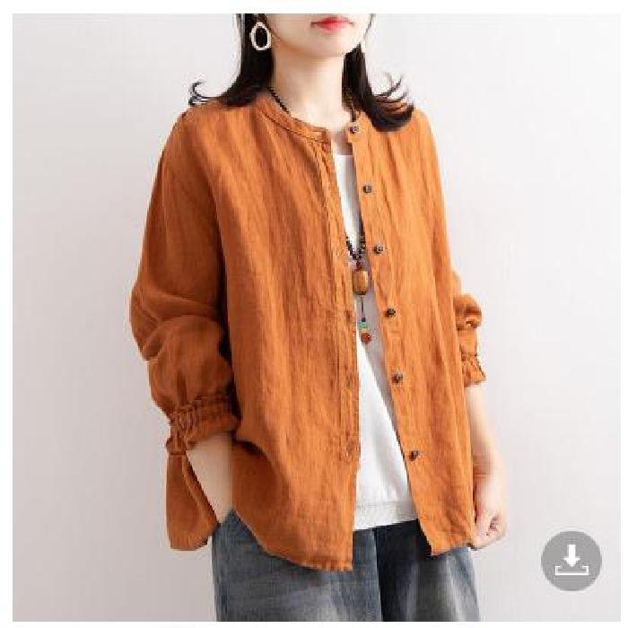Spring Autumn Women's Cotton Linen Shirt Long Sleeved Loose Round Neck Shirt Casual Jacket with Closed Sleeves Top