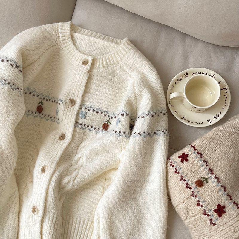 2024 Damen Cardigan mit Blumenstickerei - Frühling/Herbst, Rundhalsausschnitt, Einreiher