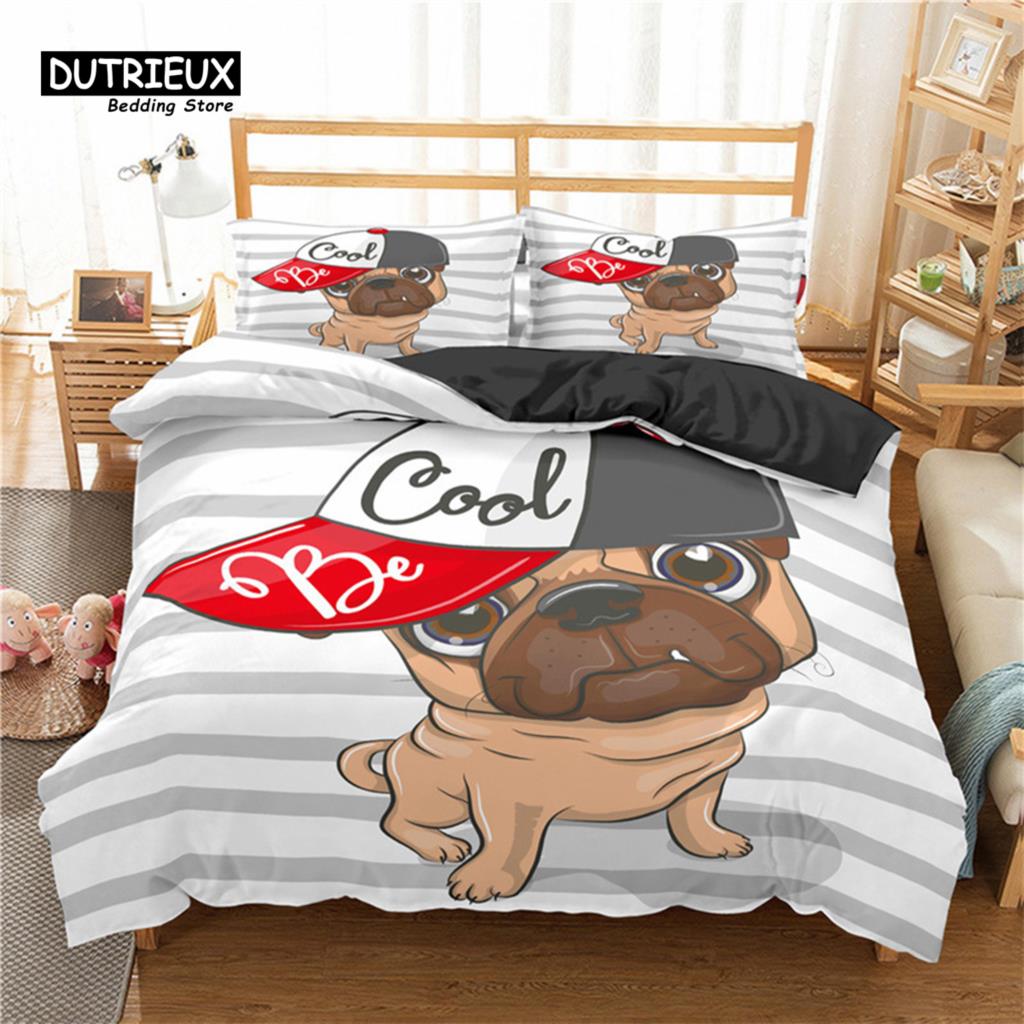 Modern Elegant Pug Pet Dog Polyester Funny Cartoon Animal Size For Kids Child Teens Decor Full King Comforter