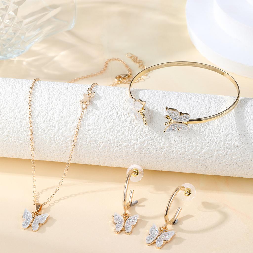 Women Versatile Butterfly 4 Piece Jewelry Set With Earrings Bracelet Necklace And Pendant Fashion Accessories Gift