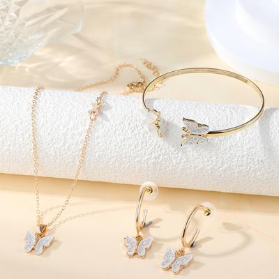 Butterfly Pendant Necklace Earrings Bracelet 3Pcs Zircon Set For Cute Girls Party Birthday Gift Women Casual Alloy Accessories