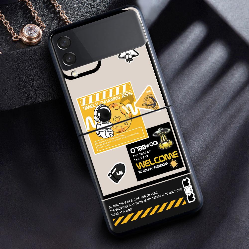 Case For Samsung Galaxy Z Flip 3 4 5G Black Hard PC Phone Housing Z Flip4 Luxury Segmented Cover Luxury Astronaut