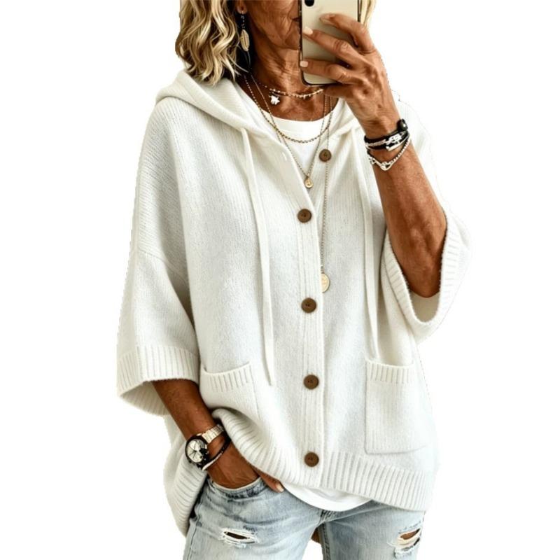 Women S Button Knit Hooded Cardigan Sweater Solid Color Casual