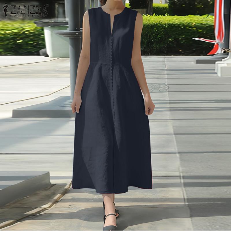 ZANZEA Women Casual V-Neck Solid Color Loose Summer Sleeveless Dress