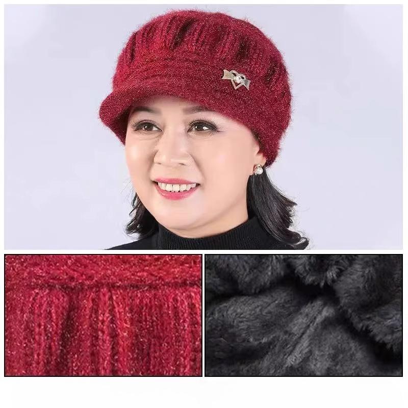 Autumn and Winter Mother's Hat with Velvet and Thickening Fashionable Warm Knitted Hat Middle Aged and Elderly Pumpkin Hat Old Lady's Woolen Hat