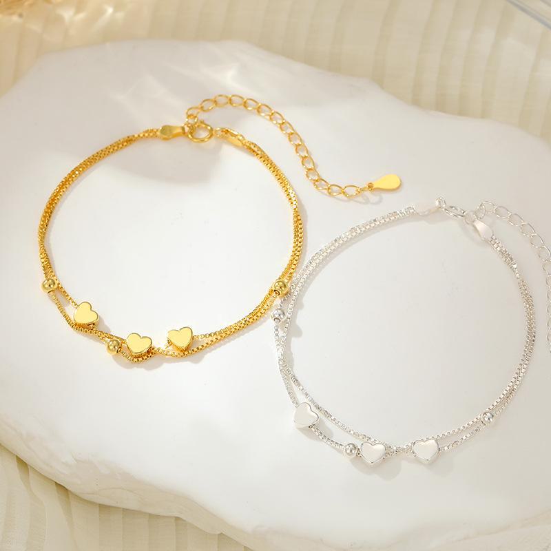 Sterling Silver Double-Layer Heart & Round Bead Bracelet - Japanese & Korean Style