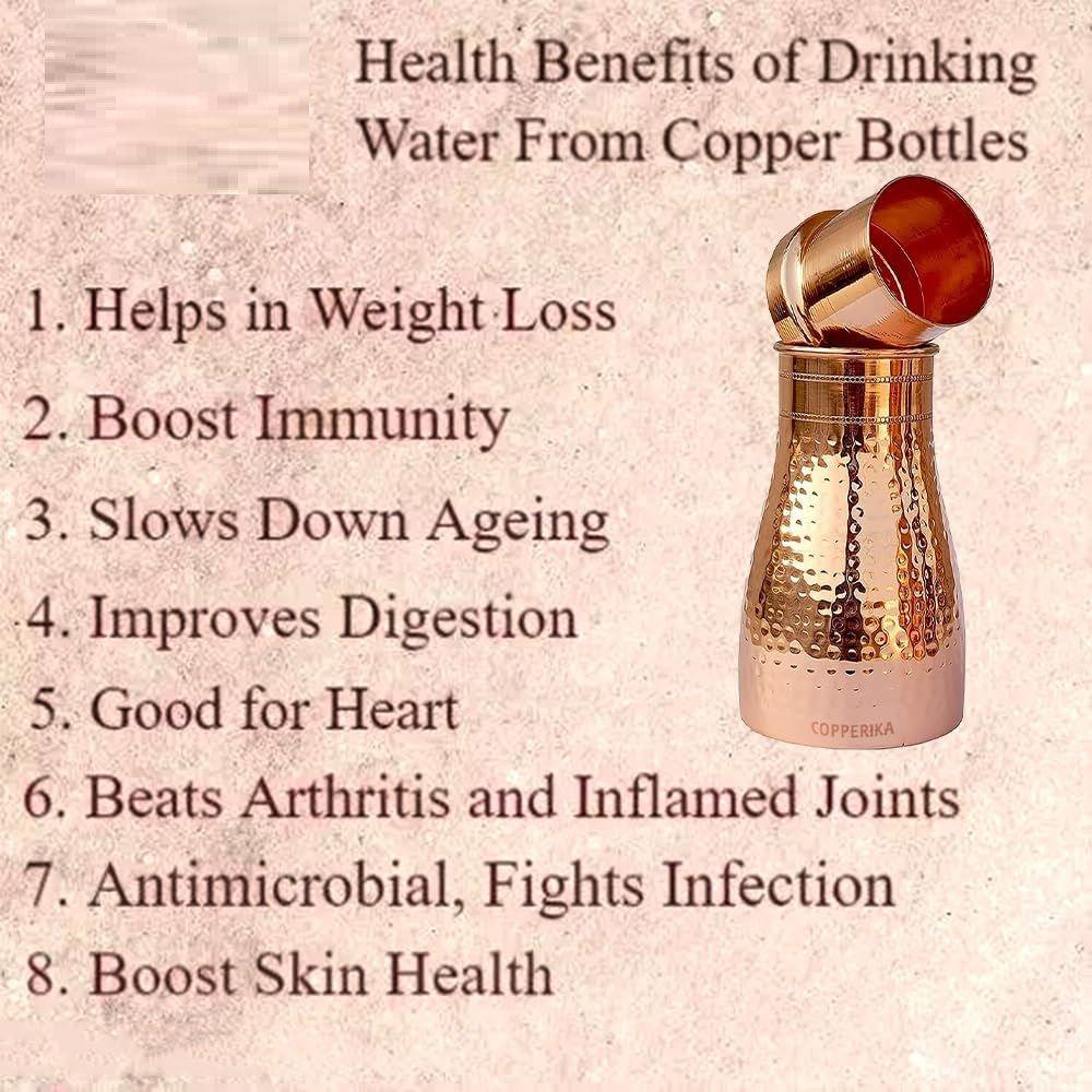 Set Cadou Diwali Ciocanit Borcan Dormitor Sticlă Apă Cupru 1000ml + Pahar Cupru (Pachet de 2-300ml Fiecare) Construcție Originală Solidă