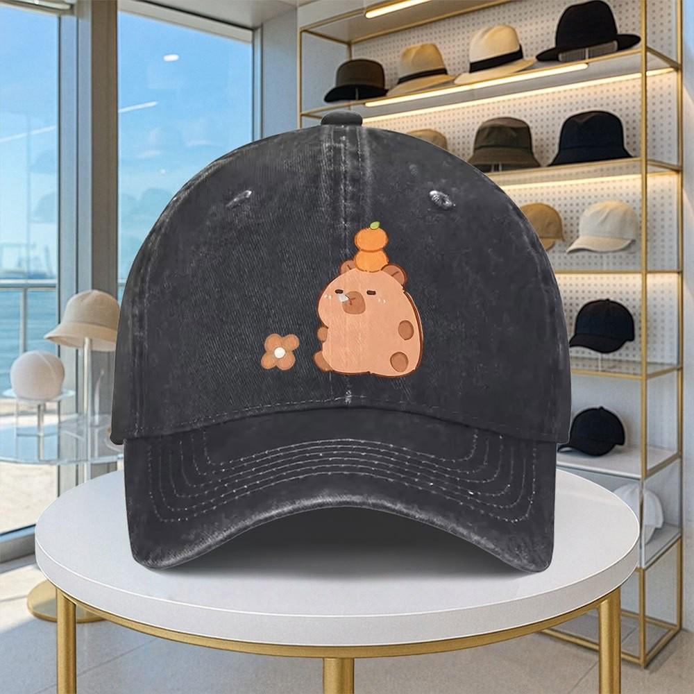 Capybara Pumpkin Baseball Cap Washed Denim Adjustable Hat Casual Sun Hat for Unisex