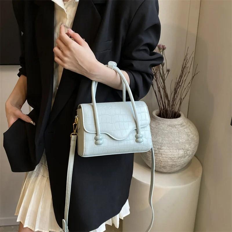 Stone Pattern PU Leather Handbags for Women Monochrome Female Shoulder Bags White Pink High Quality Fashion