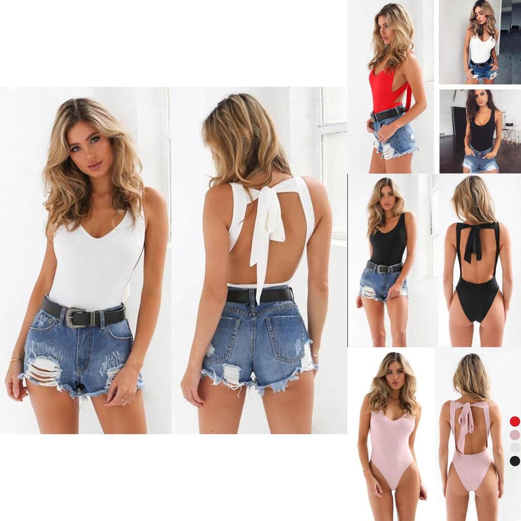 Elegant V Neck Backless Bandage Tie Knot One-piece Solid Swimsuit Swimwear For Women