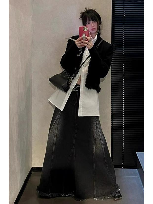 

Женская модная джинсовая миди-юбка с высокой посадкой, черно-серая - Приталенный А-силуэт, необработанный край, для весны M чёрный