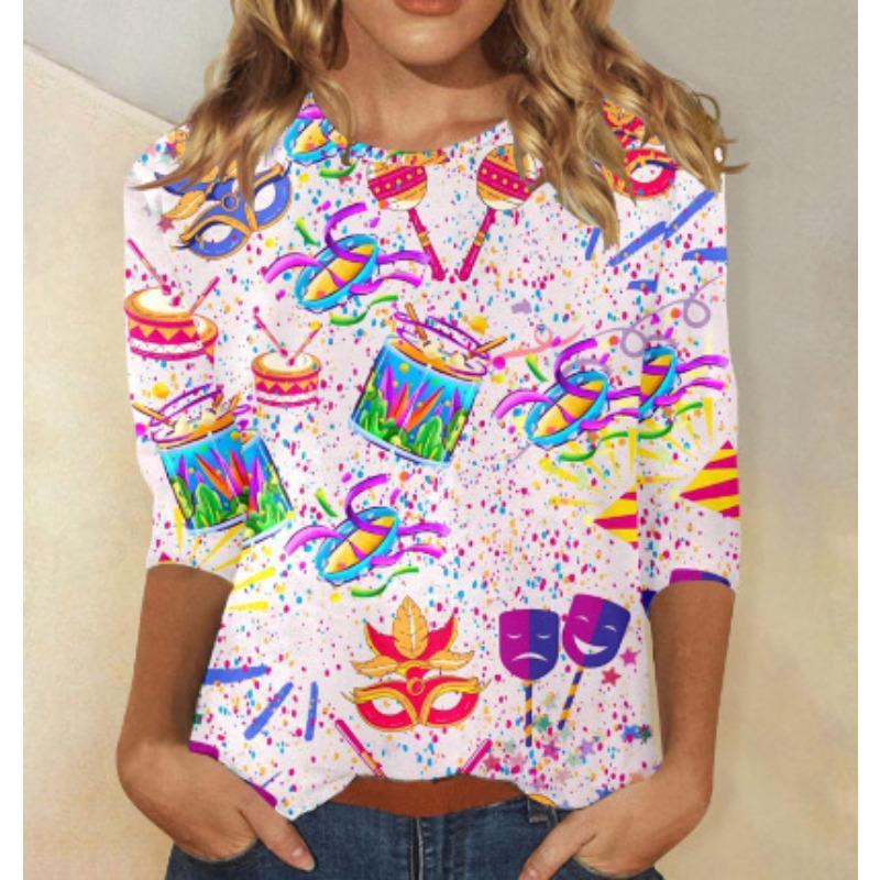 Round Neck 3D Mask Printed Top Fashionable Casual Long Sleeved Women's T-shirts