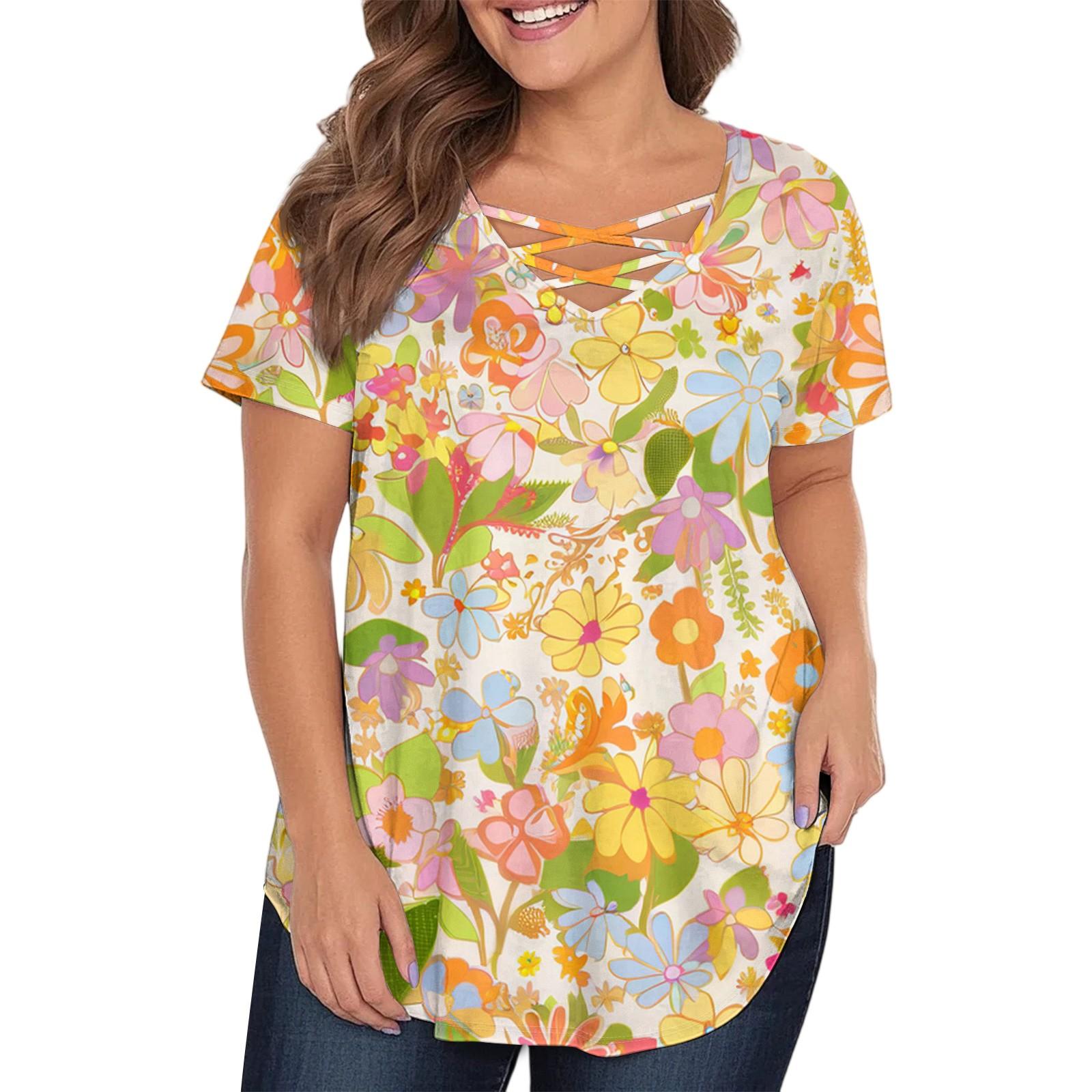 

Women s Fashion Casual Printed V-Neck Short Sleeve Large Size T-Shirt Top XL жовтий