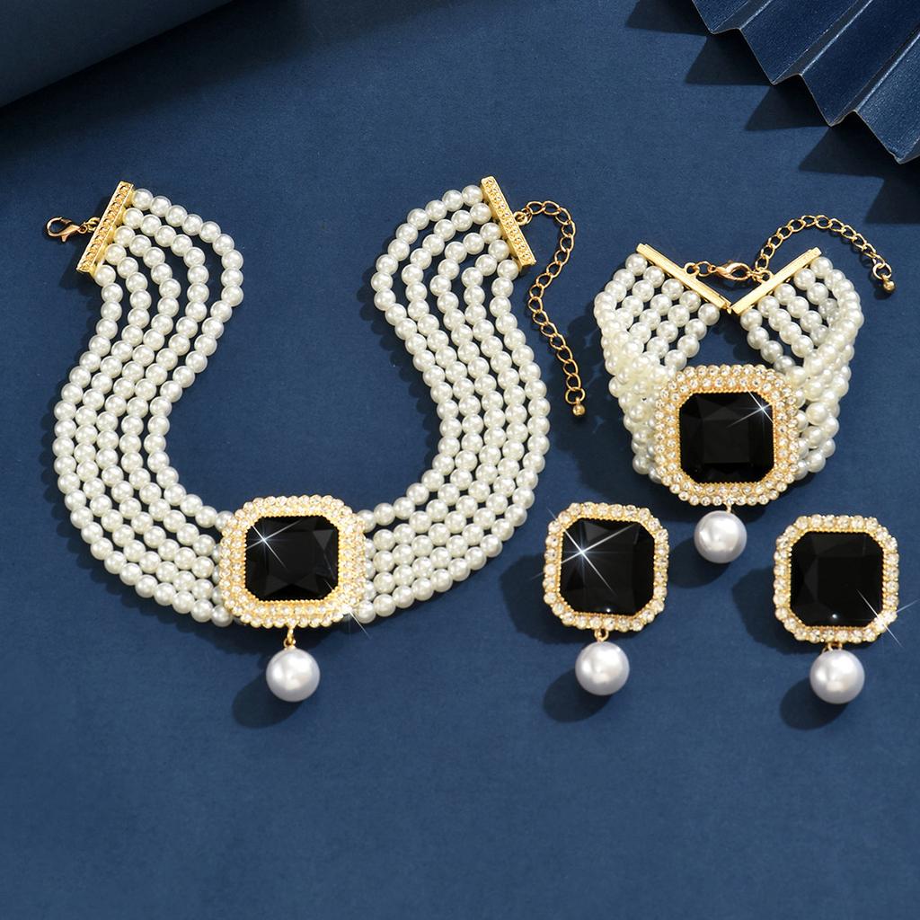 Luxurious Multi-Layer Imitation Pearl Geometric Crystal Full Diamond Colored Pearl Three-Piece Set Of Fashion Exaggerated Accessories