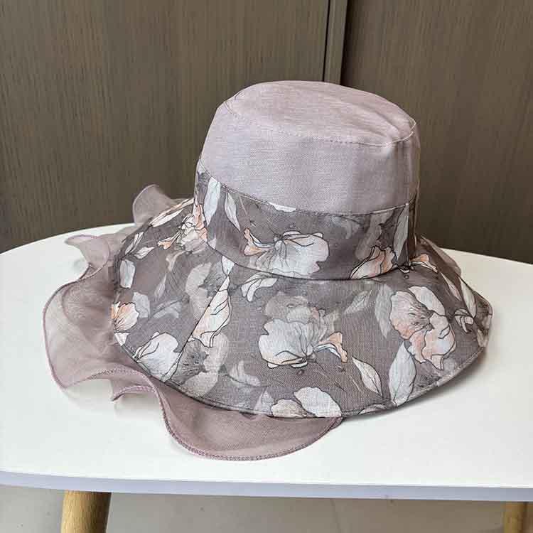 Summer fungus edge elegant large edge mesh yarn hat women's printing sunscreen beach hat foldable travel shade hat