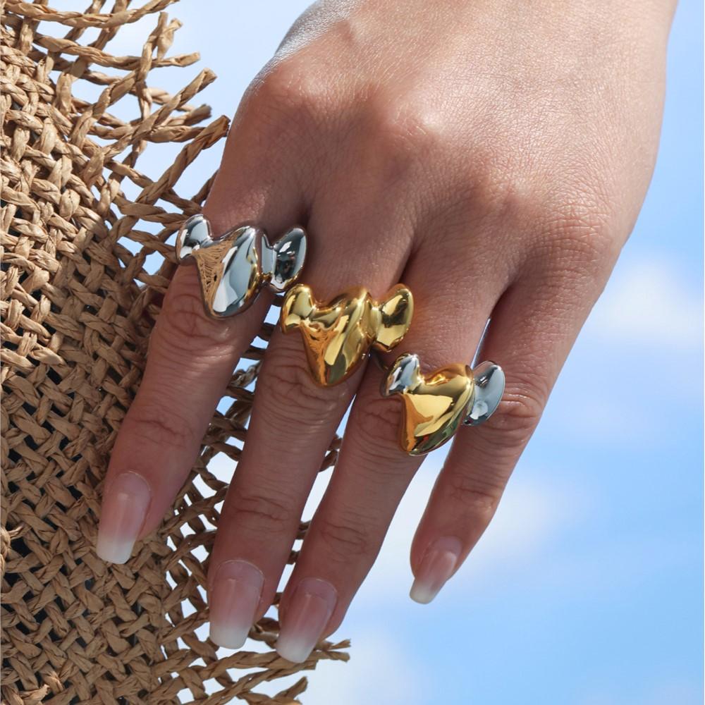 Unique Two-tone Rings In Stainless Steel With 18k Gold Plated Waterproof Fadeless Non Tarnish Adjustable Chunky Ring For Women