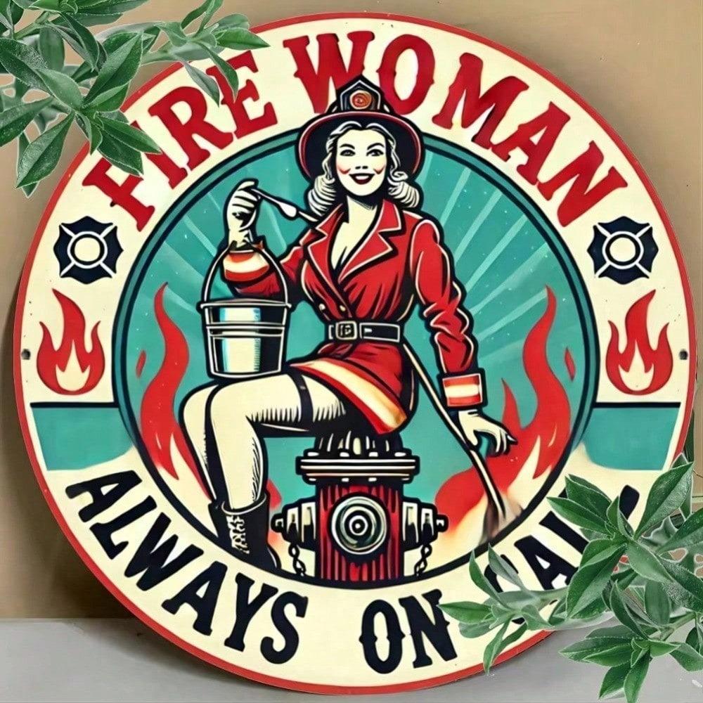 Fire Woman Female Firefighter Round Metal Wall Art Sign, Aluminum Decor For Home Room