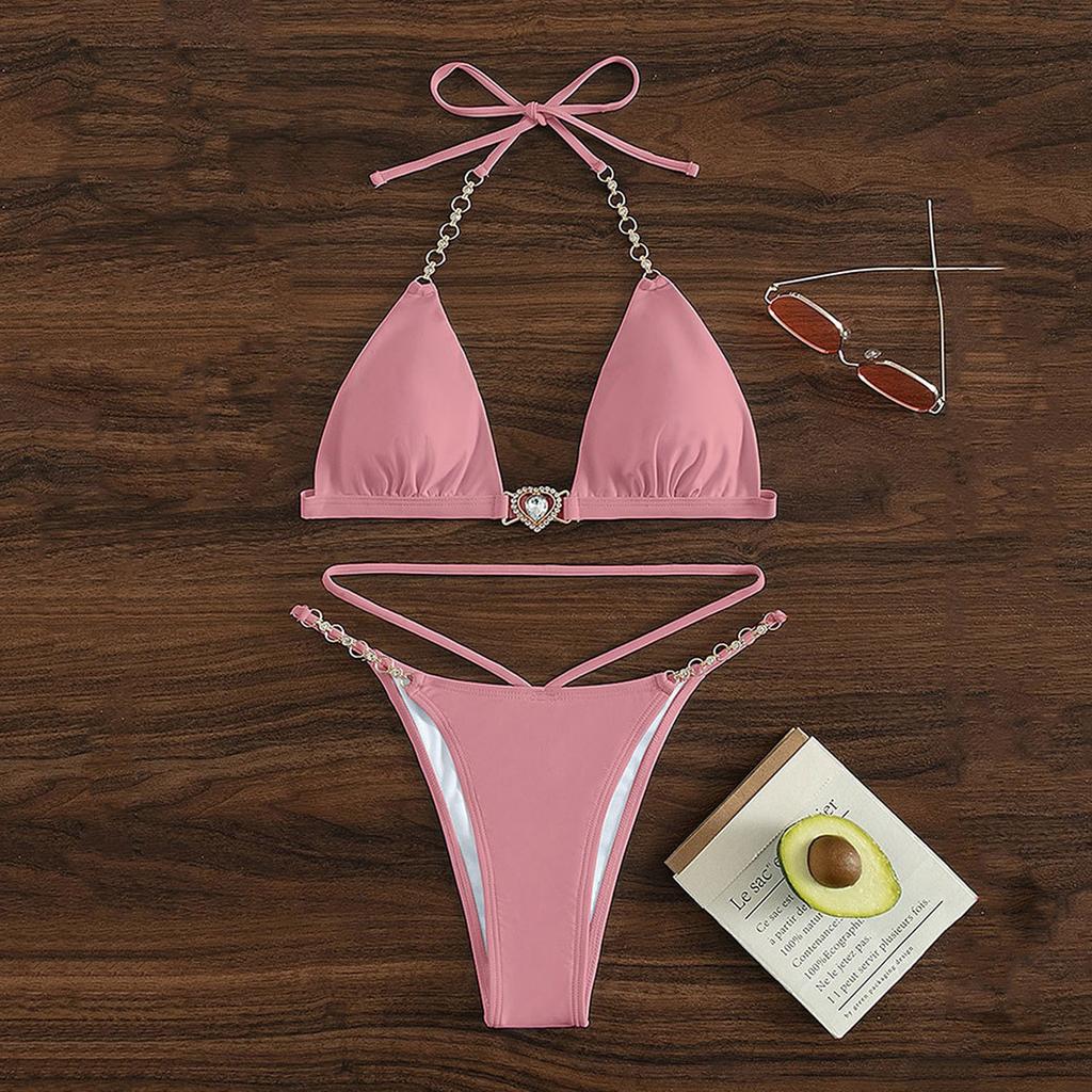 Women's Separate Sexy Bikini Color Chain Hanging Neck With Steel Bracket No Chest Pad Swimsuit