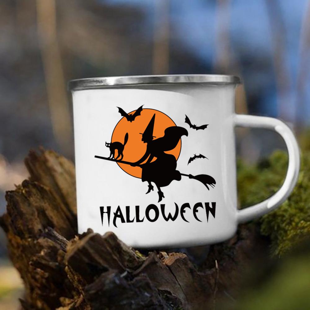 Čarodějnice dýně potisk hrnek retro Halloween smaltované ucho šálky Káva Čaj mléko Hrnky párty Kuchyň dekorovat zábavný dárek pro děti