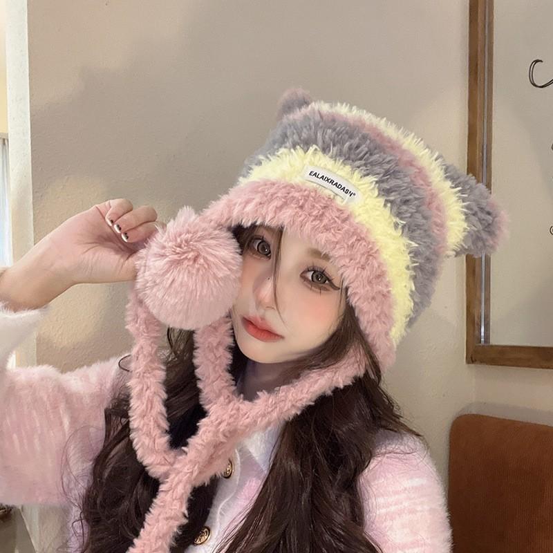 Cute lamb warm hat women's autumn and winter cold-proof plush knitted ear hat outdoor pullover hat