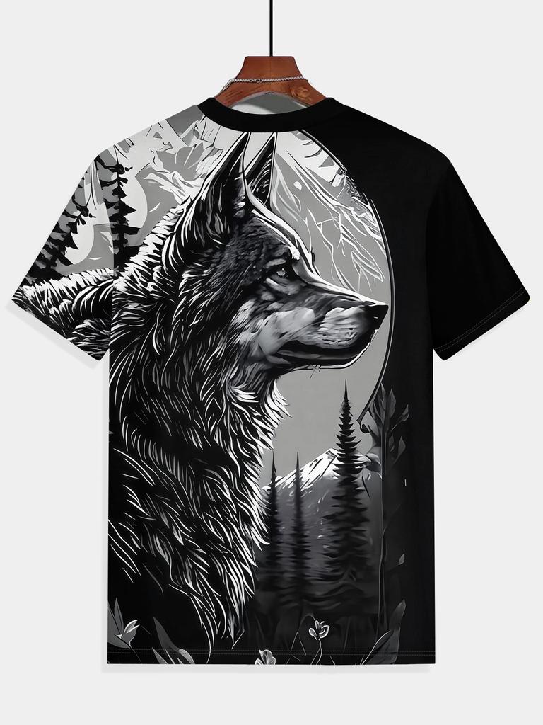 3D Wolf Mountain Forest Print Men'S Round Neck T-Shirt – Stylish Casual Summer Top for Outdoor Activities, Gym, Running & Everyday Wear, Comfortable