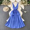 Seaside vacation style sexy backless V-neck suspender dress women's niche design ruffle edge waist cardigan long dress