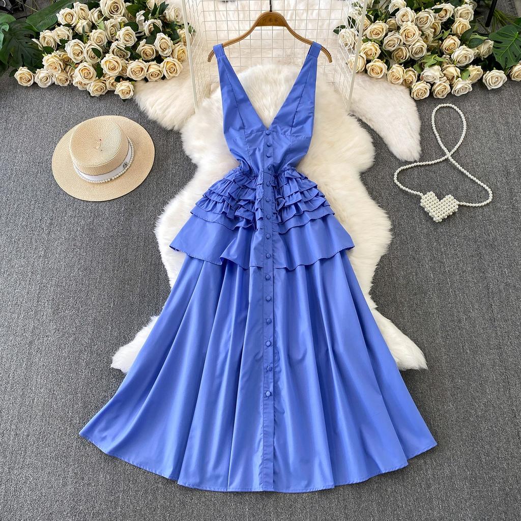 Seaside vacation style sexy backless V-neck suspender dress women's niche design ruffle edge waist cardigan long dress