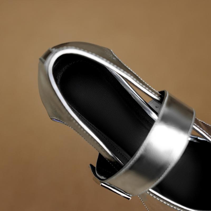 Fashion New Women's Genuine Leather Sheepskin Metal Belt Buckle with Hollowed Out Breathable Midsole Mary Jane Single Shoe