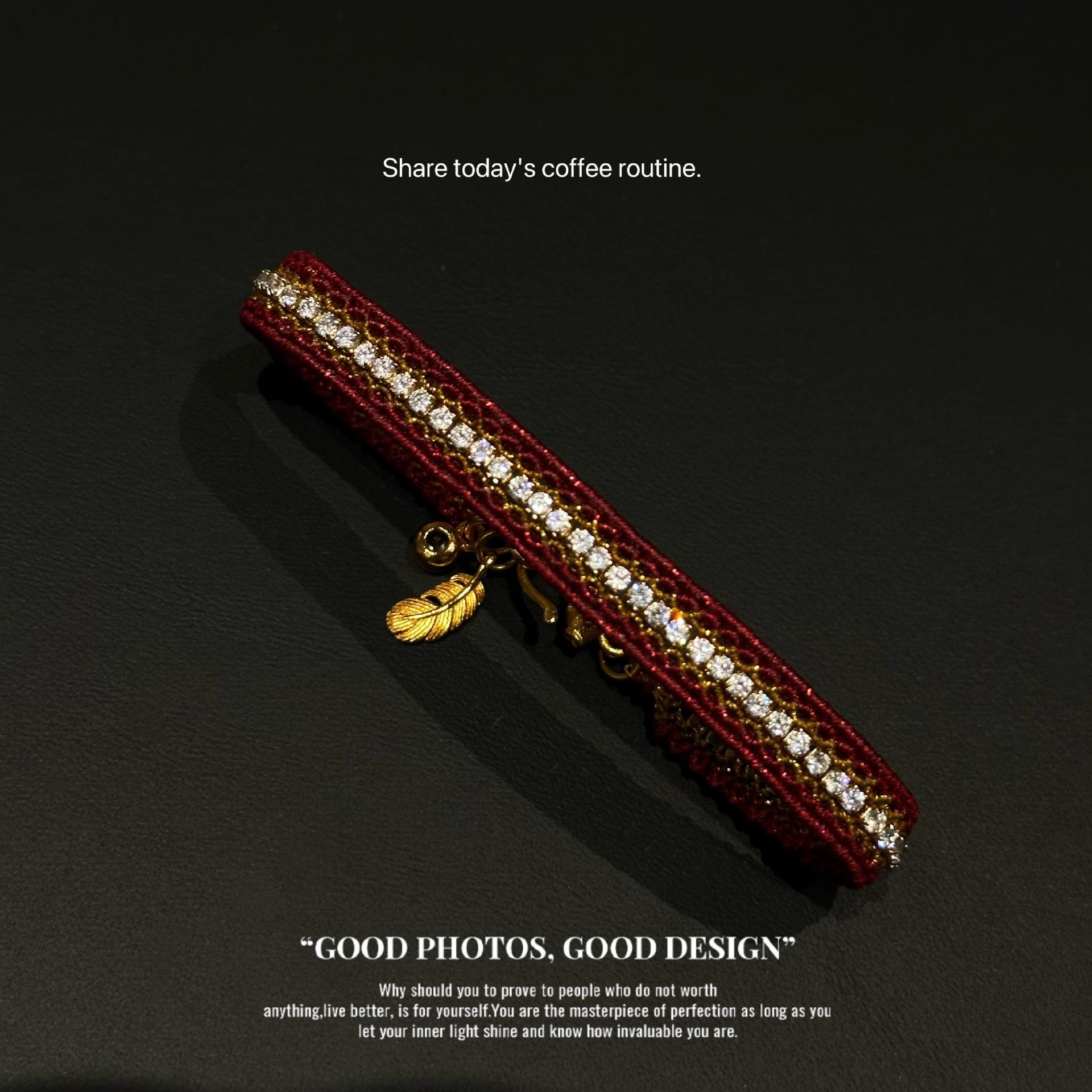 Плетеная браслет из красной веревки ручной работы с инкрустацией бриллиантами - Элегантный и модный красный