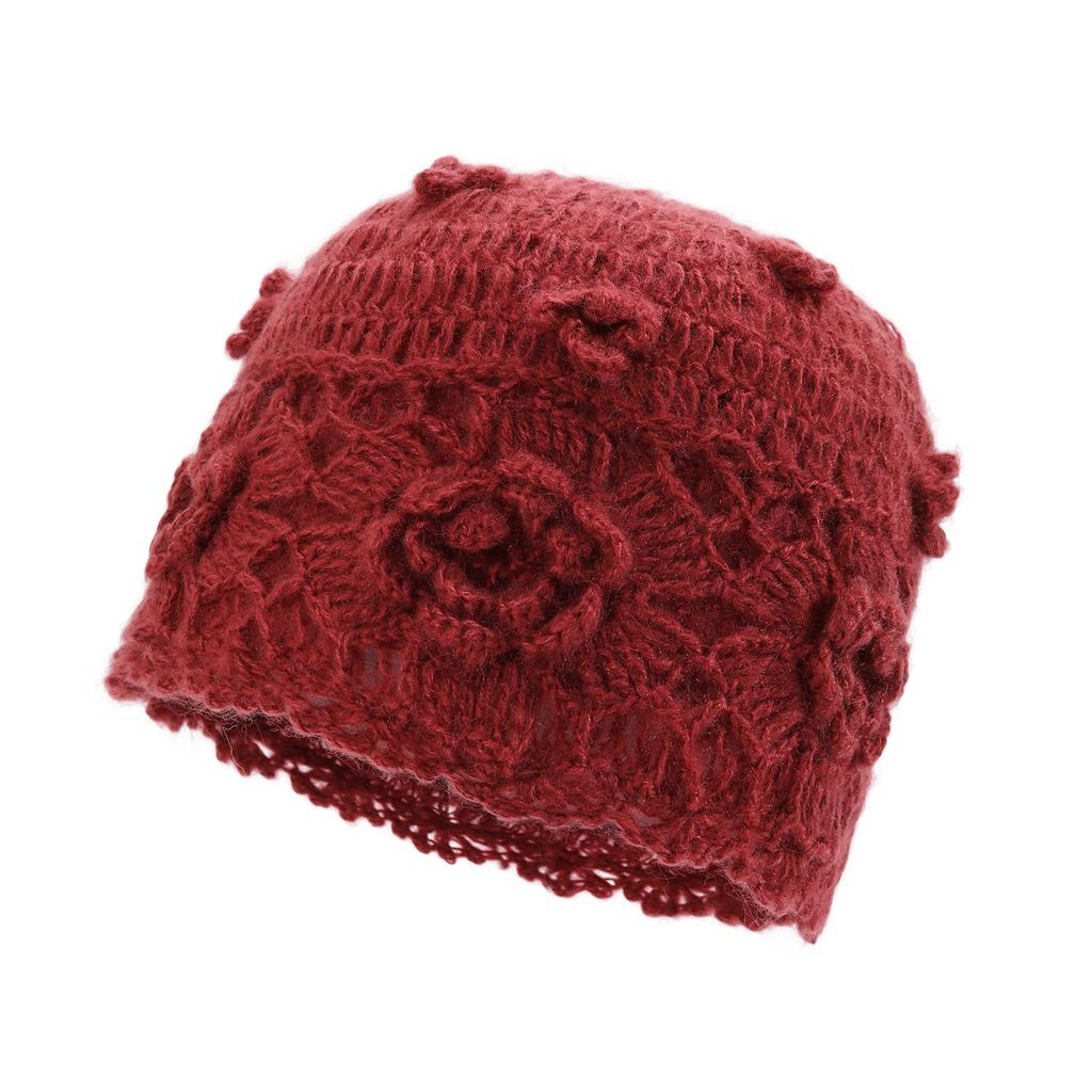 Women Handmade Floral Crochet Knit Hat, Hollow Lace Flower Beanie Cap, Soft Warm Ear Protection Hat for Autumn Winter