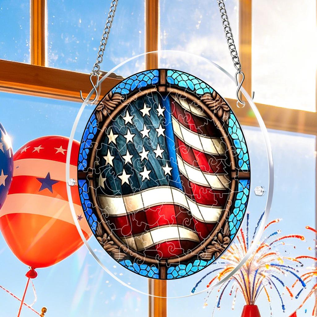 USA American Flag Patriotic Stained Glass Acrylic Puzzle Suncatcher Ornament, Red White And Blue Stars And Stripes Design, Prism Light Refraction Hang