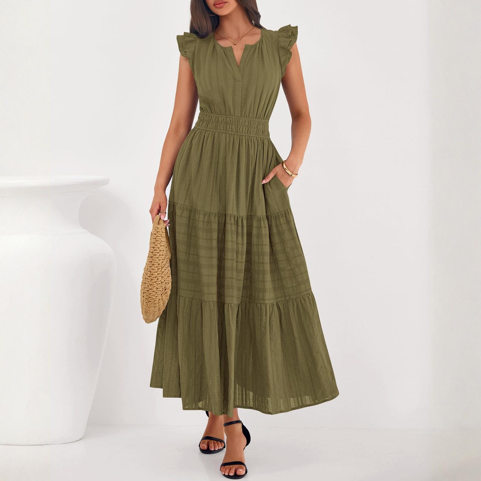 Women Casual Dress Short Sleeve V Neck Elastic Waist Boho Beach Vacation Pockets Dresses L