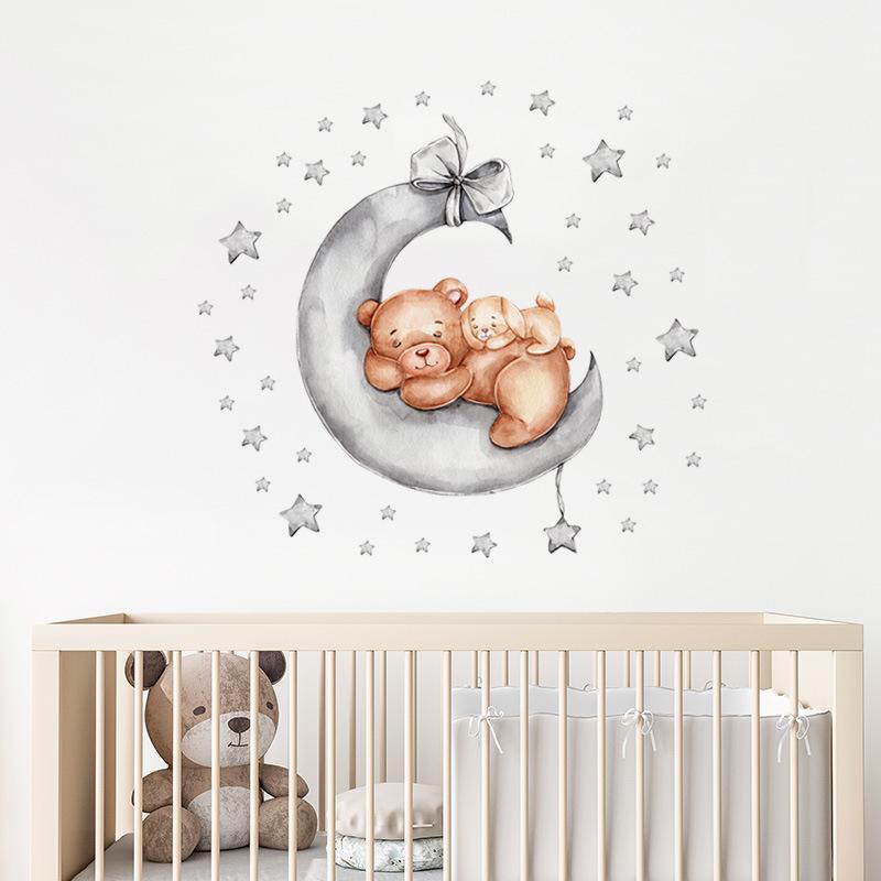 Cartoon Sleepy Bear with Stars and Moon Wall Stickers, Self-Adhesive Decor for Kids Room Background Decoration