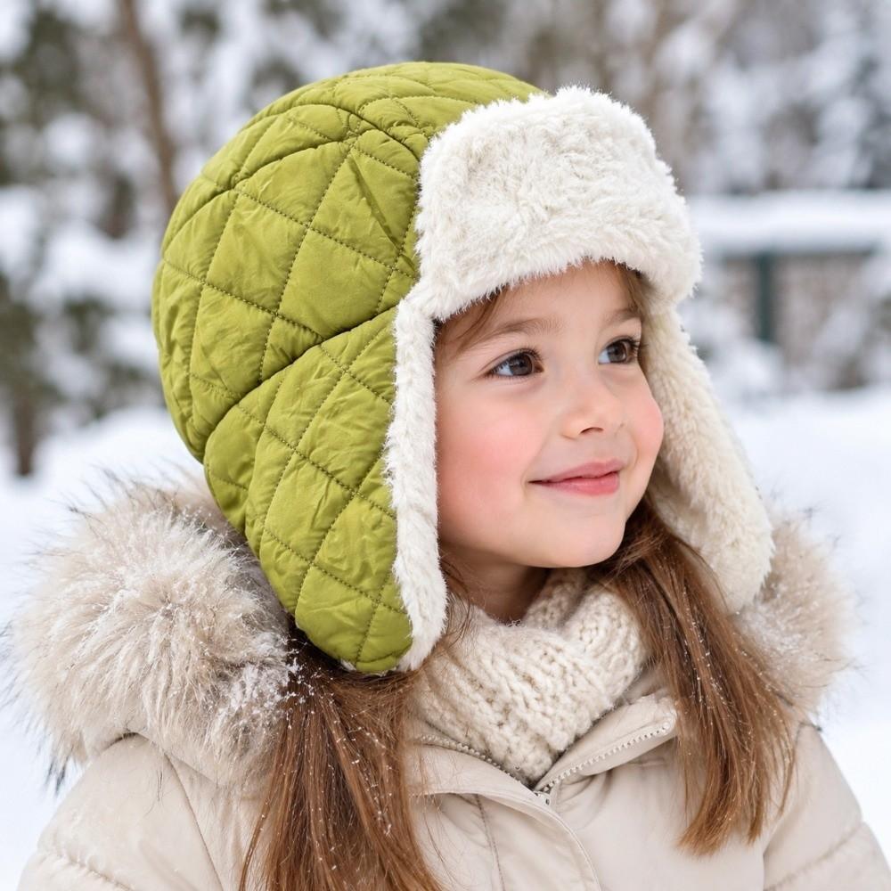 Plush Kids Ski Hat Rhombus Quilted Windproof Earflap Hat Outdoor Activities