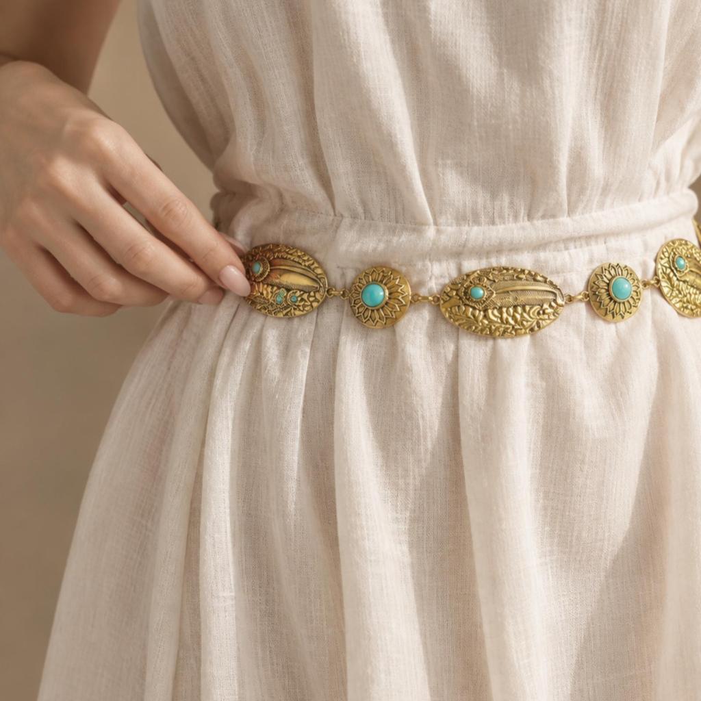Feather Motif Waist Chain Radiating Circle Medallion Adjustable Clothing Accessory for