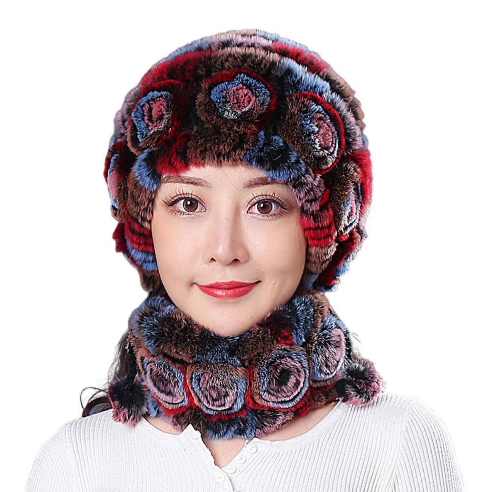 Gorro de invierno para mujer con bufanda integrada, grueso, cálido, de piel sintética de conejo Rex, con decoración floral, resistente al viento, para viajes al aire libre y frío.