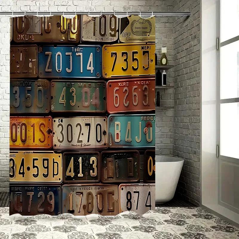 

Vintage License Plate Pattern Shower Curtain Creative Personal Bathroom Decoration Waterproof Anti-Mold Easy Easy-Clean W90xH180cm