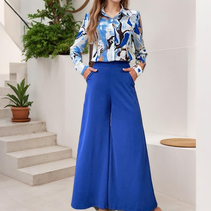 ZANZEA Women Long Sleeve Print Blouse and Wide Leg Pants Casual Two Piece Suit Sets