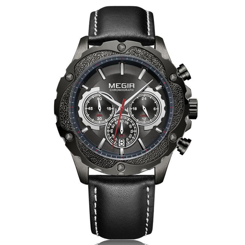 Men'S Watch, Trend Multifunctional Chronograph Calendar Leather Sports Quartz Watch Men'S 2070