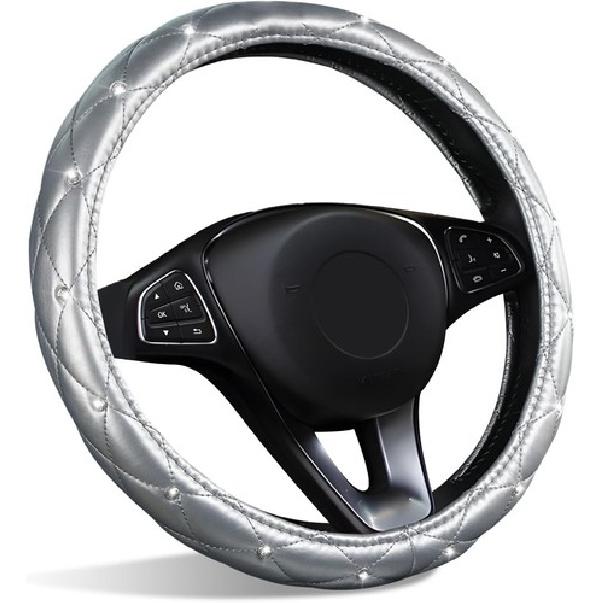 Silver Steering Wheel Cover, Cute Diamond Style Bling Breathable Comfort-Silver