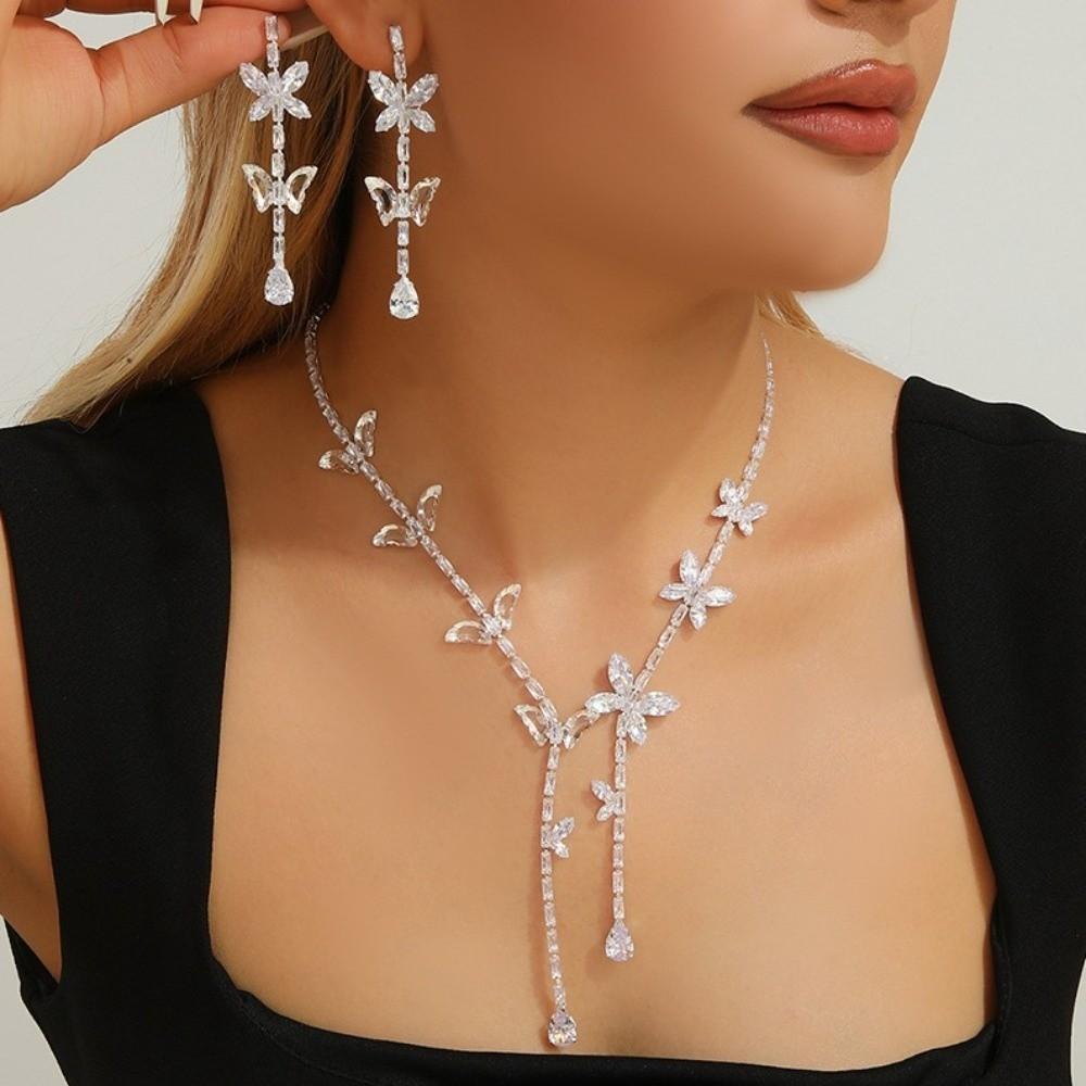 French-Style Earrings and Necklace Set Zirconia Butterfly Tassel Jewelry Sets for Banquets