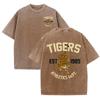 Tigers Est 1985 Sport Print Gewaschenes Damen T-Shirt Sommer Lässig Retro T-Shirts Schnee-Waschung Tee Top Locker Unisex Retro Streetwear
